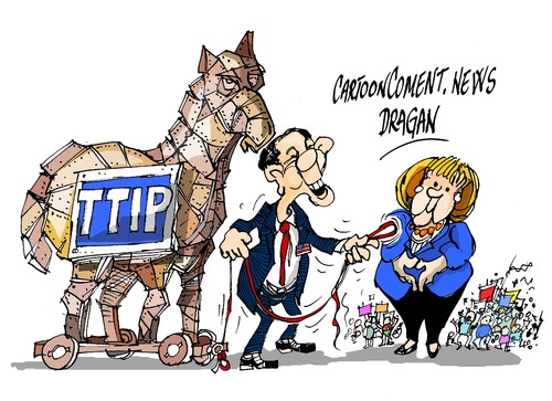 Cartoon: Obama-Merkel-TTIP (medium) by Dragan tagged cartoon,politics,ue,ceta,hannover,alemania,ttip,merkel,angela,obama,arack