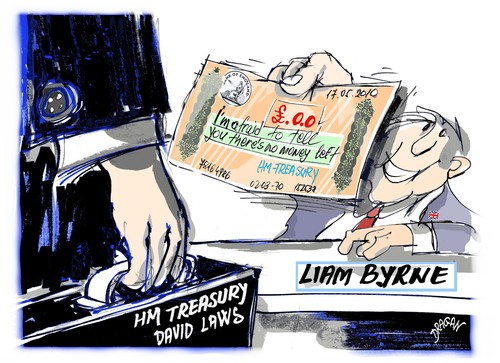 Cartoon: Treasury check (medium) by Dragan tagged tesoro,britanico,treasury,check,david,laws,liam,byrne,reino,unido,londres,politics,cartoon