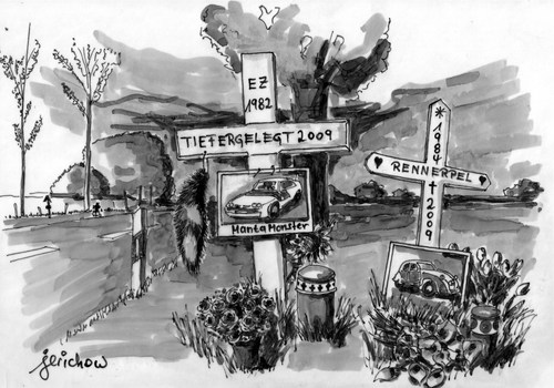 Cartoon: Strassenkreuze (medium) by jerichow tagged manta,seitenstreifen,landstrasse,prioritäten,unfallstelle,unfall,strassenkreuz,mahnmal,satire,mahnmal,unfall,prioritäten,landstrasse,seitenstreifen,autos,autobahn,verkehrsunfall,kreuze,tod,sterben,gefahr,sicherheit