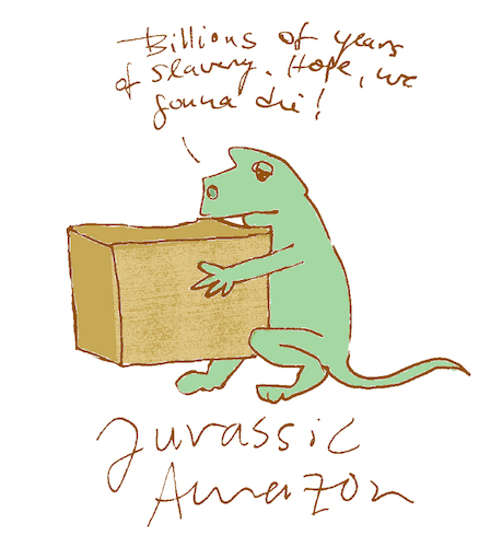 Cartoon: jurassic amazon (medium) by jenapaul tagged dinsosaurs,amazon,digital,world,work