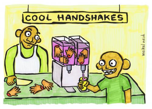Cartoon: handshakes (medium) by meikel neid tagged shake,milkshake,food,drink,handshake,hand,finger,fingers,schifo,meikel,neid,buffo,weird