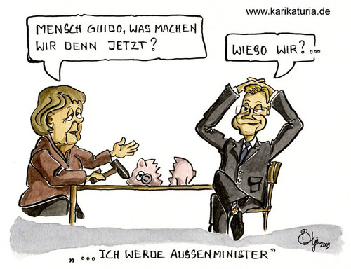 Cartoon: Guido Westerwelle (medium) by Bernd Ötjen tagged guido,westerwelle,angela,merkel,außenminister,sparen,verantwortung,sparschwein,cdu,fdp,koalition,verhandlungen