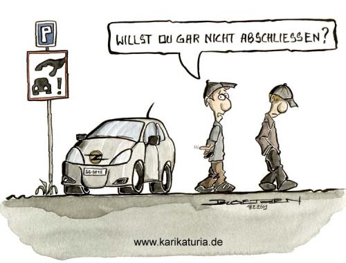 Cartoon: Opel (medium) by Bernd Ötjen tagged gm,opel,wertlos,verkaufen,krise,abschliessen,parken,diebstahl,bochum,konzern,autokrise,finanzkrise,wirtschaft