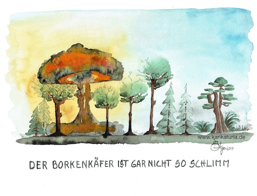 Cartoon: Poltergeister (medium) by Bernd Ötjen tagged borkenkäfer,wald,umwelt,natur,naturschutz,plage,atom,atompilz,kim,jong,donald,trump,twitter,provozieren,nordkorea,feuer,zorn,usa,rakete,raketentest,diplomatisch,mittelstreckenraketen,guam,pentagon,angriff,militär,nuklear,atomwaffen,drohung,atomtest,konflikt,diktator