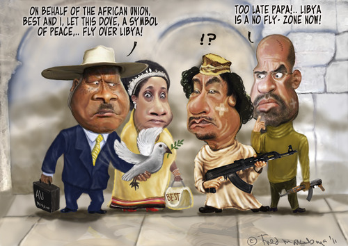 Cartoon: African Union meets Gadaffi (medium) by Fred Makubuya tagged war,peace,libya,gadaffi,museveni