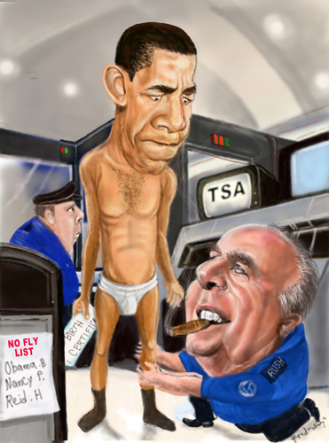 Cartoon: Obama- Enhanced TSA Pat-down. (medium) by Fred Makubuya tagged obama,rush,libaugh,tsa,us,politics,pat,down