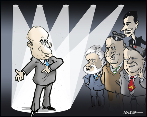 Cartoon: Election in Russia (medium) by jeander tagged vladimir,putin,sergej,mironov,zjirinovskij,gennadij,ziuganov,electin,russia,presidentmichail,prochorov,vladimir putin,zjirinovskij,mironov,gennadij,ziuganov,wahlen,russland,vladimir,putin