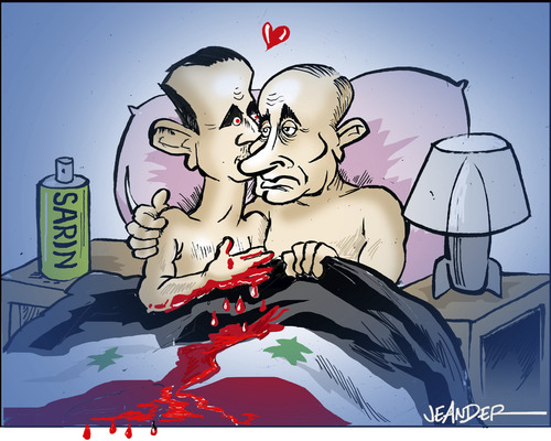 Cartoon: Russia and Syria (medium) by jeander tagged syria,russia,putin,al,assad,vladimir,chemical,weapon,syria,russia,putin,al,assad,vladimir,chemical,weapon