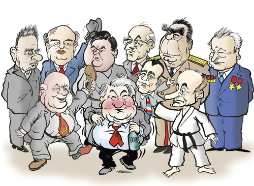 Cartoon: Soviet leaders (medium) by jeander tagged tjernenko,konstantin,brezjnev,leonid,andropov,jurij,malenkov,georgi,gorbatjov,michail,kosygin,aleksej,putin,vladimir,medvedev,dmitrij,jeltsin,boris,chrusjtjov,leadersnikita,party,communist,presidents,russia,soviet,russland,partei,parteien