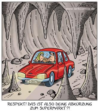 Cartoon: höhle (medium) by pentrick tagged höhle,abkürzung,supermarkt,auto,car,short,cut,cavern,ehepaar,married,couple,frau,mann,woman,man,