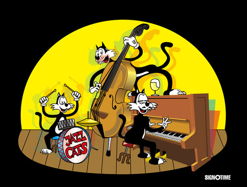 Cartoon: Jazz Cats (medium) by signotime tagged jazz,musik,bühne,schlagzeug,bass,klavier,katze,cat,katzen,cats