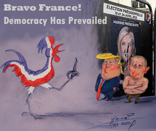 Cartoon: Democracy Has Prevailed (medium) by ylli haruni tagged election,france,le,pen,trump,putin,fascism,macron,emanuel