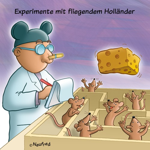 Cartoon: Freiscghwebender holländischer (medium) by neufred tagged wissenschaftler,holländer,fliegender,käse,mäuse,tierversuche,experimente