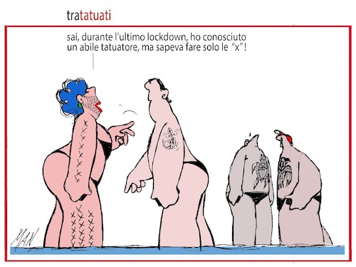 Cartoon: tra tatuati (medium) by Enzo Maneglia Man tagged vignette,mare,umorismo,grafico,tatuaggi,fighillearte,piccolomuseo,fighille,ita,by,enzo,maneglia,man