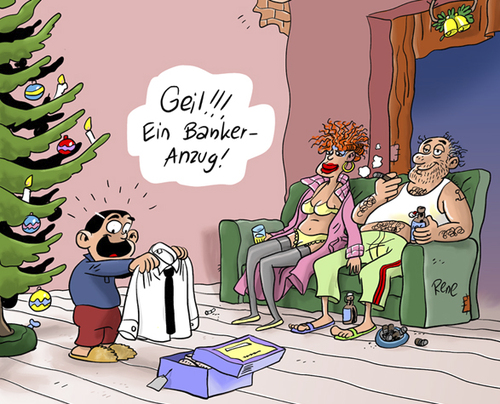 Cartoon: Banker Anzug (medium) by rene tagged weihnachten,geschenke,weihnachtsbaum,christkind,kind,kinder,eltern,banker,abzocker,finanzen,geld,reichtum,armut