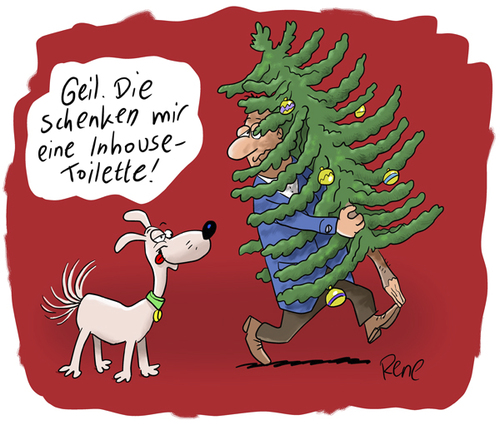 Cartoon: Inhouse Toilette (medium) by rene tagged weihnachten,christbaum,tannenbaum,heilige,nacht,hund,tier,herrchen,geschenk,freude