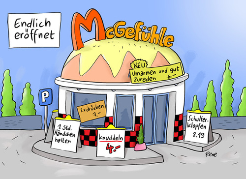 Cartoon: McGefühle (medium) by rene tagged gefühle,liebe,zärtlichkeit,philosophie,psychologie,zuneigung,umarmung,fastfood,mcdonalds,hamburger,schnellimbis