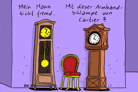 Cartoon: Wenn Uhren ticken (medium) by rene tagged uhr,uhren,fremdgehen,seitensprung,cartier,standuhr,armbanduhr