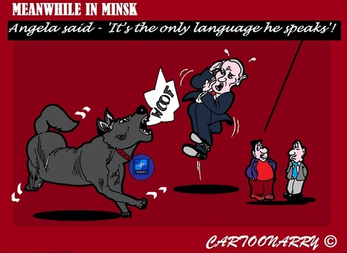 Cartoon: Behind the Scene (medium) by cartoonharry tagged ukraine,crisis,minsk,russia,putin,merkel,dog,barking,language,nato