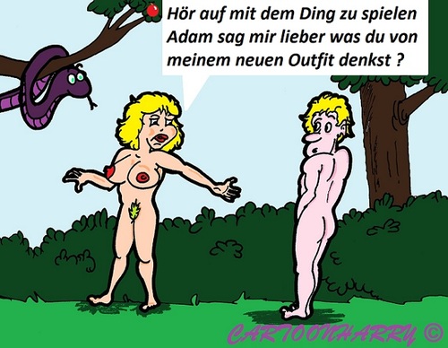 Cartoon: Eine Echte Frau (medium) by cartoonharry tagged frau,adam,eva,schlange,kleidung,cartoon,cartoonist,cartoonharry,dutch,toonpool