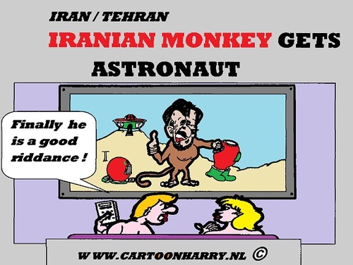 Cartoon: IRANIAN MONKEY (medium) by cartoonharry tagged iran,monkey,astronaut,space,cartoon,ahmadinejad,tv,cartoonist,cartoonharry,dutch,toonpool