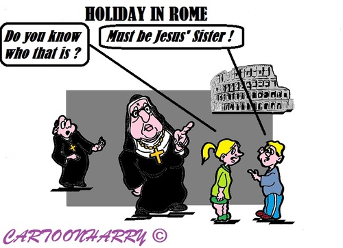 Cartoon: Kids in Rome (medium) by cartoonharry tagged kids,vacation,nun,priest,catholic,jesus,sister,italy,rome