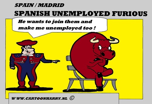 Cartoon: Spanish Problems (medium) by cartoonharry tagged toonpool,dutch,cartoonharry,cartoonist,man,cartoon,unemployment,spain,spanish,matador,toro,youth