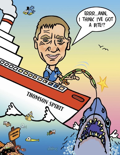 Cartoon: Big Game Fishing Caricature (medium) by roundheadillustration tagged great,white,shark,cruise,fishing,ocean,sea