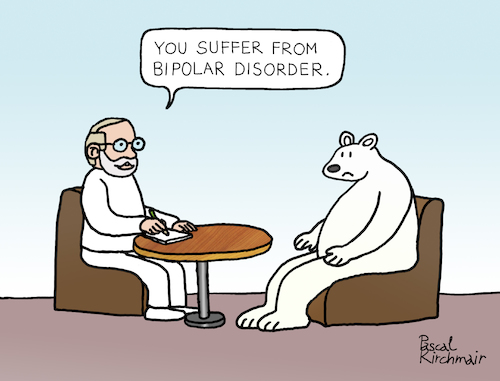 Cartoon: Bipolar Disorder (medium) by Pascal Kirchmair tagged polar,ice,bear,ours,polaire,blanc,oso,blanco,orso,polare,bianco,urso,branco,eisbär,polarbär,bipolar,disorder,störung,psychiater,psychiatrist,psychiatre,gag,humour,umorismo,umore,spirito,humor,lustig,cartoon,caricature,karikatur,pascal,kirchmair,no,deal,illustration,drawing,zeichnung,political,politische,ilustracion,dibujo,desenho,ink,disegno,ilustracao,illustrazione,illustratie,dessin,de,presse,du,jour,art,of,the,day,tekening,teckning,cartum,vineta,comica,vignetta,caricatura,esprit,witz,polar,ice,bear,ours,polaire,blanc,oso,blanco,orso,polare,bianco,urso,branco,eisbär,polarbär,bipolar,disorder,störung,psychiater,psychiatrist,psychiatre,gag,humour,umorismo,umore,spirito,humor,lustig,cartoon,caricature,karikatur,pascal,kirchmair,no,deal,illustration,drawing,zeichnung,political,politische,ilustracion,dibujo,desenho,ink,disegno,ilustracao,illustrazione,illustratie,dessin,de,presse,du,jour,art,of,the,day,tekening,teckning,cartum,vineta,comica,vignetta,caricatura,esprit,witz