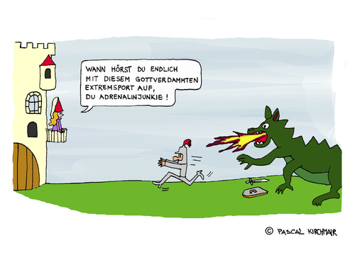 Cartoon: Der Adrenalinjunkie (medium) by Pascal Kirchmair tagged kunibert,cartoon,ritter,drachen,drachentöter,burgfräulein,burg,schloß