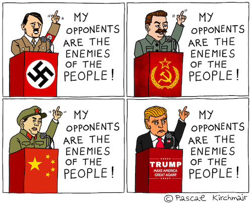 Cartoon: Enemy of the People (medium) by Pascal Kirchmair tagged donald,trump,totalitarianism,totalitarian,cartoon,caricature,hitler,nazi,karikatur,totalitär,vignetta,enemy,of,the,american,people,volksfeinde,usa,president,präsident,donald,trump,totalitarianism,totalitarian,cartoon,caricature,hitler,nazi,karikatur,totalitär,vignetta,enemy,of,the,american,people,volksfeinde,usa,president,präsident
