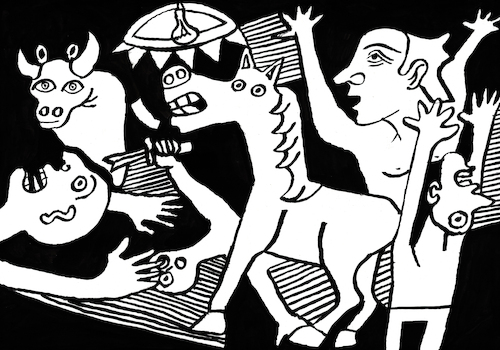 Cartoon: Guernica (medium) by Pascal Kirchmair tagged guernica,war,krieg,guerre,guerra,the,bull,taurus,stier,il,el,toro,tauro,le,taureau,touro,pablo,picasso,pascal,kirchmair,dessin,ink,drawing,tusche,tuschezeichnung,la,coruna,ruiz,espana,antibes,provence,barcelona,painting,dipinto,pintura,pittura,peinture,artist,artiste,artista,kunst,künstler,illustration,zeichnung,cartoon,caricature,karikatur,ilustracion,dibujo,desenho,disegno,ilustracao,illustrazione,illustratie,de,presse,du,jour,art,of,day,tekening,teckning,cartum,vineta,comica,vignetta,caricatura,portrait,porträt,portret,retrato,ritratto,malaga,spanien,espagne,spain,spagna,arte,artwork,guernica,war,krieg,guerre,guerra,the,bull,taurus,stier,il,el,toro,tauro,le,taureau,touro,pablo,picasso,pascal,kirchmair,dessin,ink,drawing,tusche,tuschezeichnung,la,coruna,ruiz,espana,antibes,provence,barcelona,painting,dipinto,pintura,pittura,peinture,artist,artiste,artista,kunst,künstler,illustration,zeichnung,cartoon,caricature,karikatur,ilustracion,dibujo,desenho,disegno,ilustracao,illustrazione,illustratie,de,presse,du,jour,art,of,day,tekening,teckning,cartum,vineta,comica,vignetta,caricatura,portrait,porträt,portret,retrato,ritratto,malaga,spanien,espagne,spain,spagna,arte,artwork