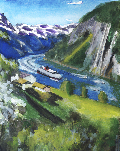 Cartoon: Hurtigruten (medium) by Pascal Kirchmair tagged fjord,watercolour,gouache,aquarell,norwegen,norvege,norway,hurtigruten,abstract,abstrakt,illustration,norge