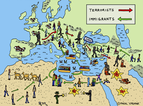Cartoon: Immigration (medium) by Pascal Kirchmair tagged terror,immigrants,isis,islamischer,staat,flüchtlinge,einwanderung,caricature,karikatur,cartoon,terror,immigrants,isis,islamischer,staat,flüchtlinge,einwanderung,caricature,karikatur,cartoon