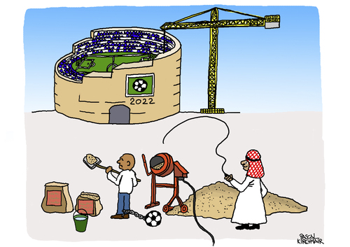 Cartoon: Modern slavery (medium) by Pascal Kirchmair tagged ölscheichs,ausbeutung,arbeit,kapital,qatar,katar,fußball,soccer,foot,wm,mondial,cartoon,caricature,karikatur,forced,labor,slaves,esclaves,sklaven,ölscheichs,ausbeutung,arbeit,kapital,qatar,katar,fußball,soccer,foot,wm,mondial,cartoon,caricature,karikatur,forced,labor,slaves,esclaves,sklaven