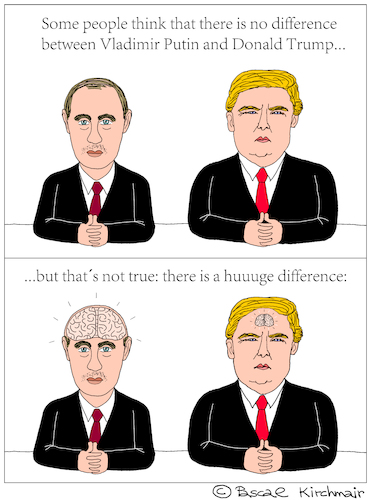 Cartoon: Vladimir Putin and Donald Trump (medium) by Pascal Kirchmair tagged brain,donald,trump,vladimir,putin,cartoon,caricature,karikatur,vignetta,russia,usa,president,difference,comparison,intelligence,stupid,white,men,dumb,silly,donald,trump,vladimir,putin,cartoon,caricature,karikatur,vignetta,russia,usa,president,difference,comparison,brain,intelligence,stupid,white,men,dumb,silly