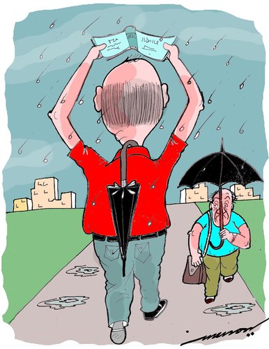 Cartoon: absent-minded (medium) by kar2nist tagged absent,minded,old,people,forgetfulness,rain,umbrella