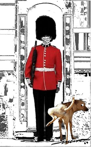 Cartoon: Dog on guard (medium) by kar2nist tagged dog,guard,urinating,buckingham,palace