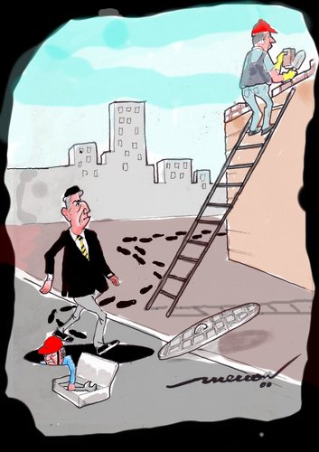 Cartoon: From Frying Pan to Fire (medium) by kar2nist tagged superstitions,ladder,manhole