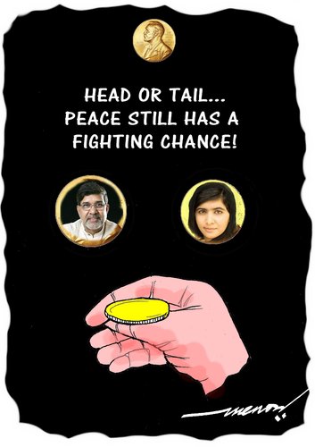 Cartoon: Nobel Prize for Peace 2014 (medium) by kar2nist tagged prize,nobel,peace,malala,sathyarthi,india,pakistan
