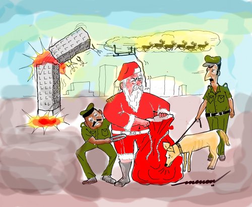 Cartoon: Santa caught by Bomb Squad (medium) by kar2nist tagged squad,bomb,police,terrorism,claus,santa