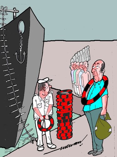 Cartoon: sendoff (medium) by kar2nist tagged send,off,ship,lifebuoy,rope,ladder