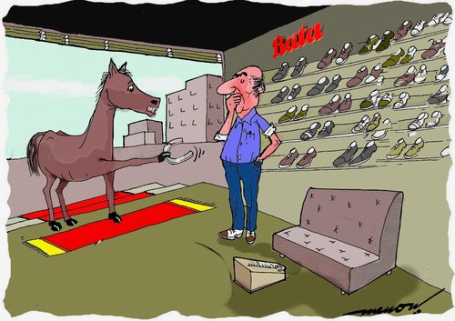 Cartoon: shopper of shoes (medium) by kar2nist tagged buying,horseshoe,purchase,shop,horse,shoe