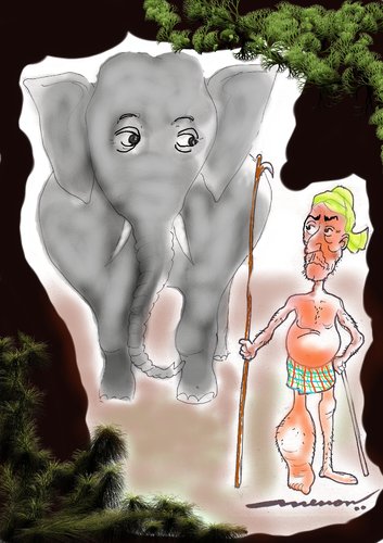 Cartoon: Two of a Kind (medium) by kar2nist tagged chertala,india,kerala,swelledlegs,elephantkeeper,decease,elephant,elephatiasis