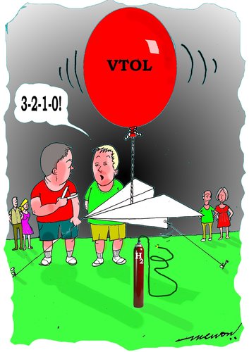 Cartoon: VTOL on maiden flight (medium) by kar2nist tagged vtol,flight,hydrogen,balloon