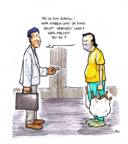 Cartoon: Ein Wiedersehen (medium) by Bülow tagged street,straße,treffen,meeting,friends,freunde,work,arbeit,unterschicht,prekariat,proletariat,arbeitslosigkeit,hartz4,verarmung,armut,gehweg,flasche,flaschen,erfolg,geld