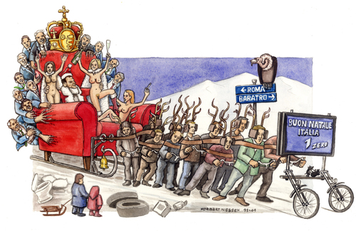 Cartoon: Buon Natale 2011 (medium) by Niessen tagged christmas,deer,berlusconi,weihnachten,schlitten,renntiere,sofa,natale,slitta,renne,poltrona