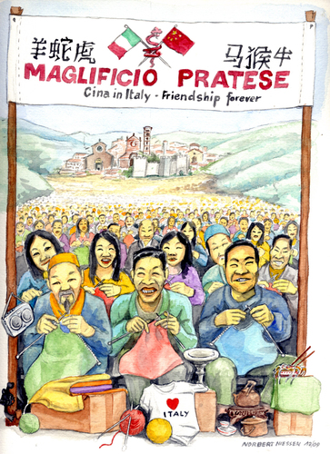 Cartoon: Chinatown in Prato Italy (medium) by Niessen tagged immigration,friendship,prato,china,italy