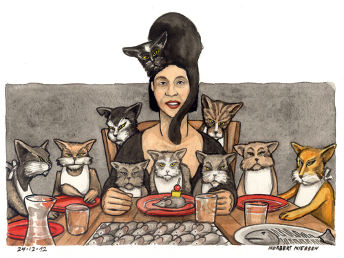 Cartoon: gattara (medium) by Niessen tagged cats,mouse,katzen,mäuse,essen,dinner