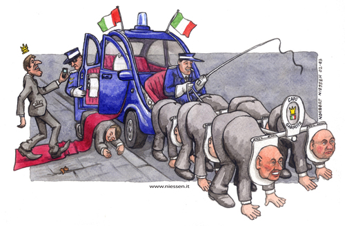 Cartoon: Il capo gabinetto (medium) by Niessen tagged re,gabinetto,macchina,blu,servi,carrozza,italia,king,wc,car,limousine,slaves,italy,könig,toilette,auto,chauffeur,diener,italien